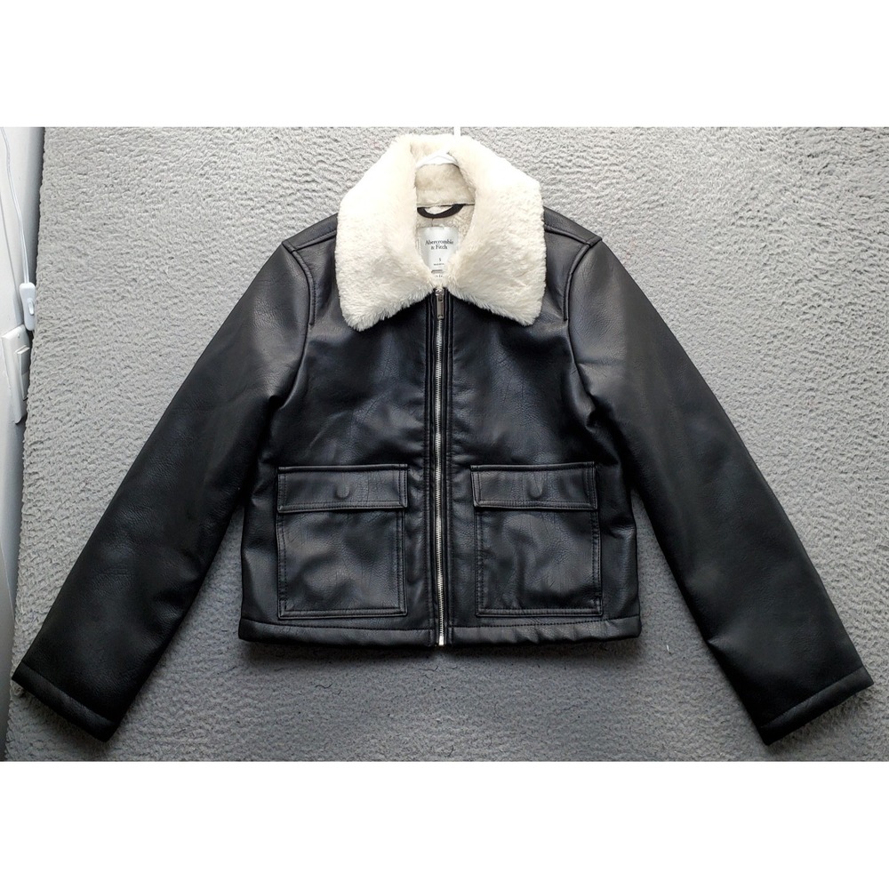 Abercrombie & Fitch Bomber Jacket Womens S Black Vegan Leather Sherpa Collar EUC